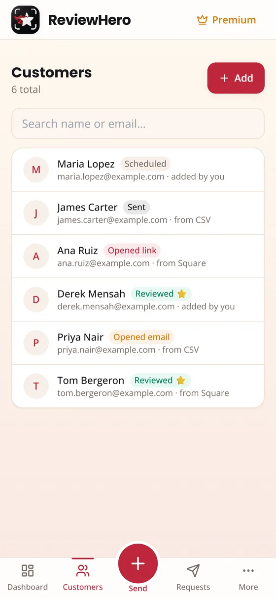 The ReviewHero customer list on a phone