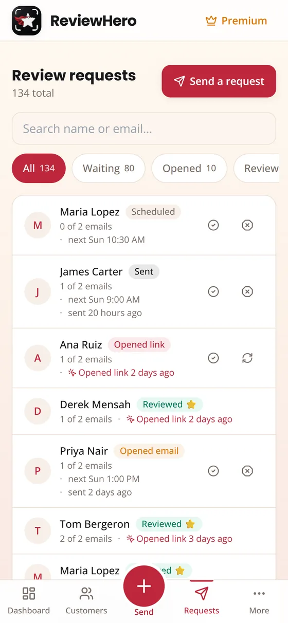 The ReviewHero request list on a phone